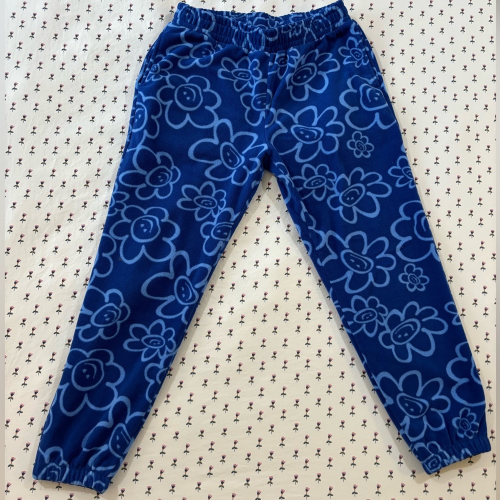 F21 Cozy Blue Sweats with Smiley Flower Pattern